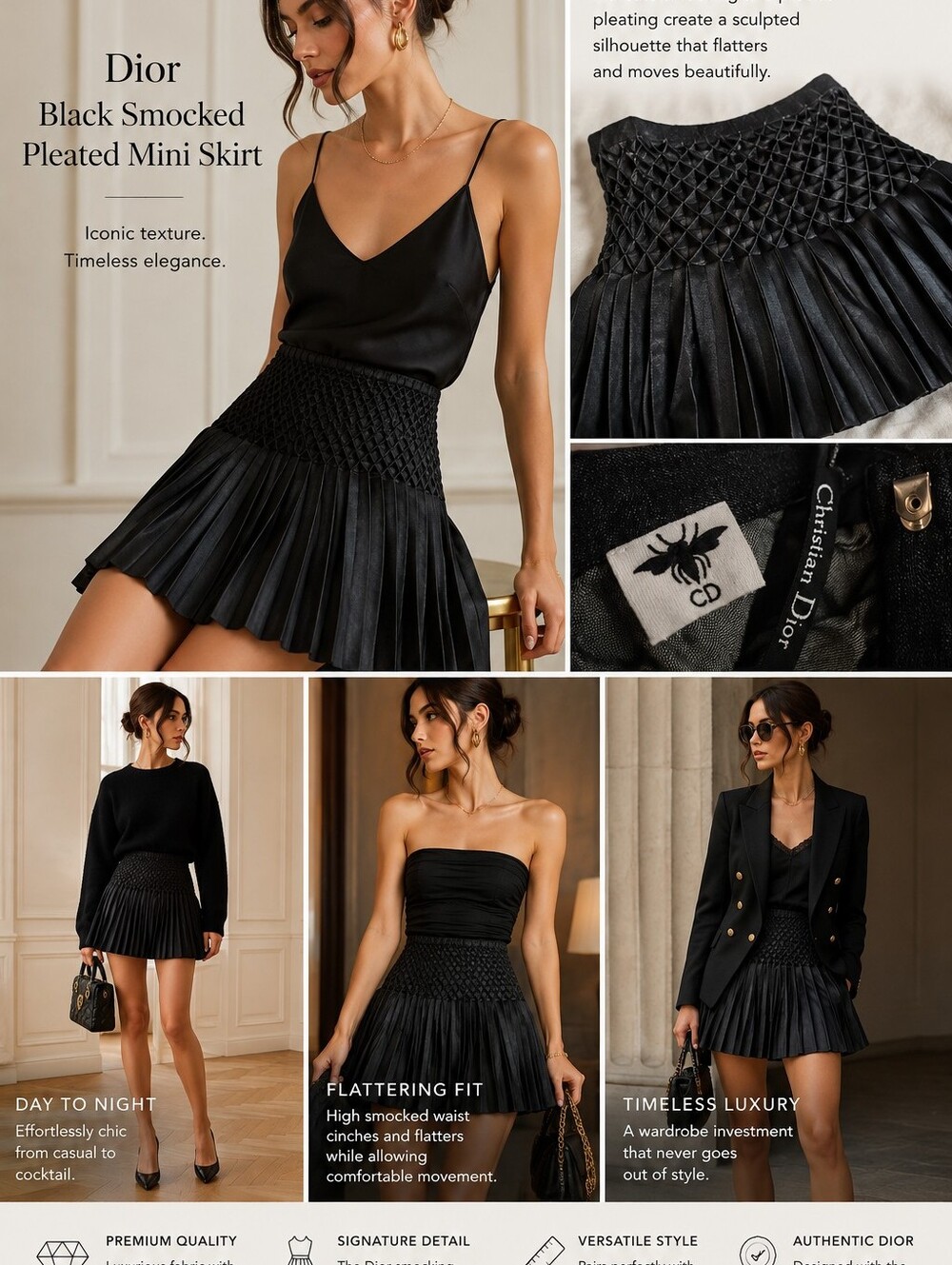 DIOR Black Smocked Pleated Mini Skirt